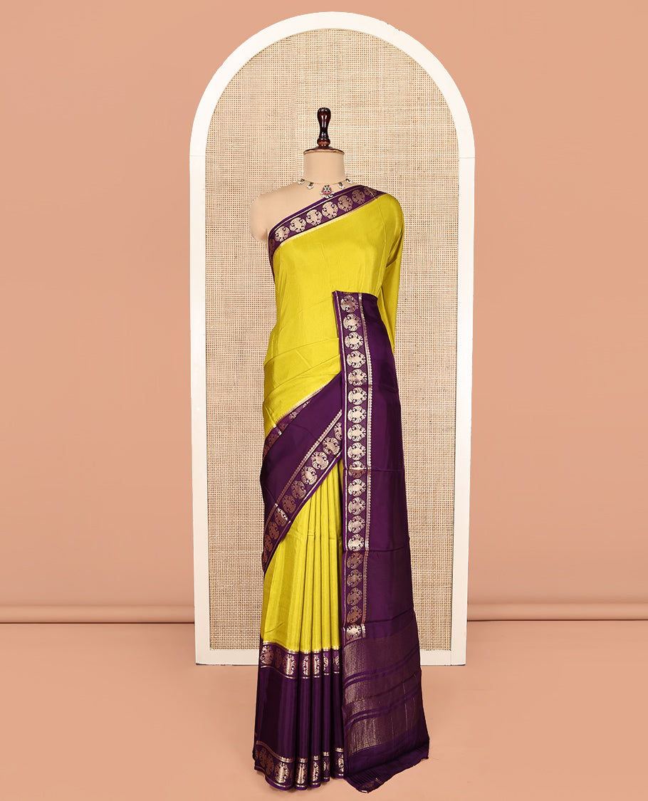 Mustard Plain Dola Silk Saree, Complemented by Contrast Rettai Pettu Ganda Berunda Motifs, Zari Border, Gleaming Zari Striped Pallu, and Paired with a Contrast Blouse