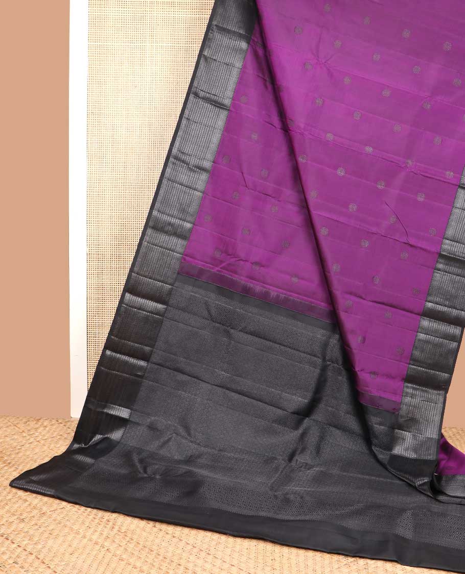 Violet buttas kancheepuram silk saree with self border of thilakam mokku, muthu, banaras design & zari design pallu