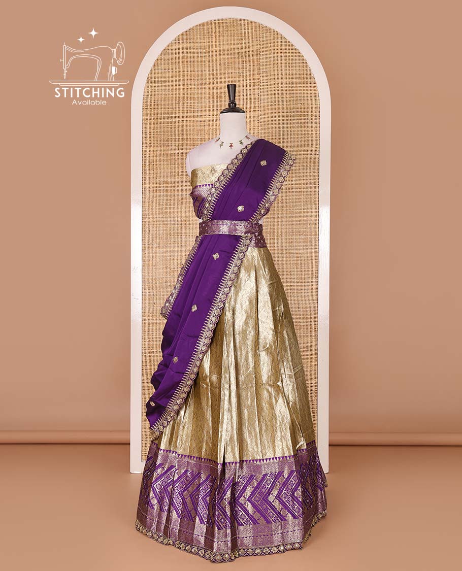 Gold banaras half saree, ogee skirt, contrast violet traditional zari border, matching blouse, and Syska georgette embroidered dhavani