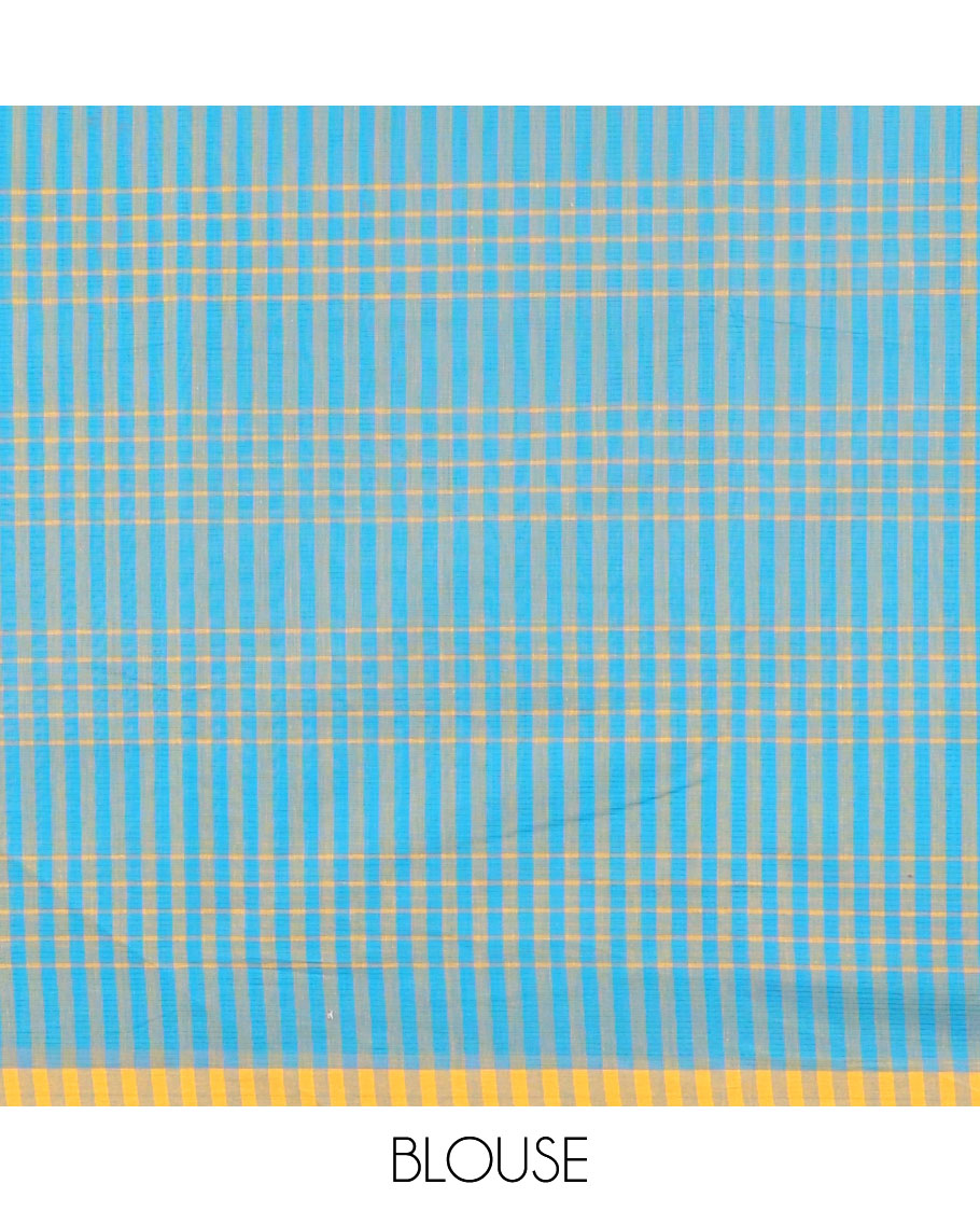 Blue checked design khadi cotton saree with contrast striped border & checked design pallu
