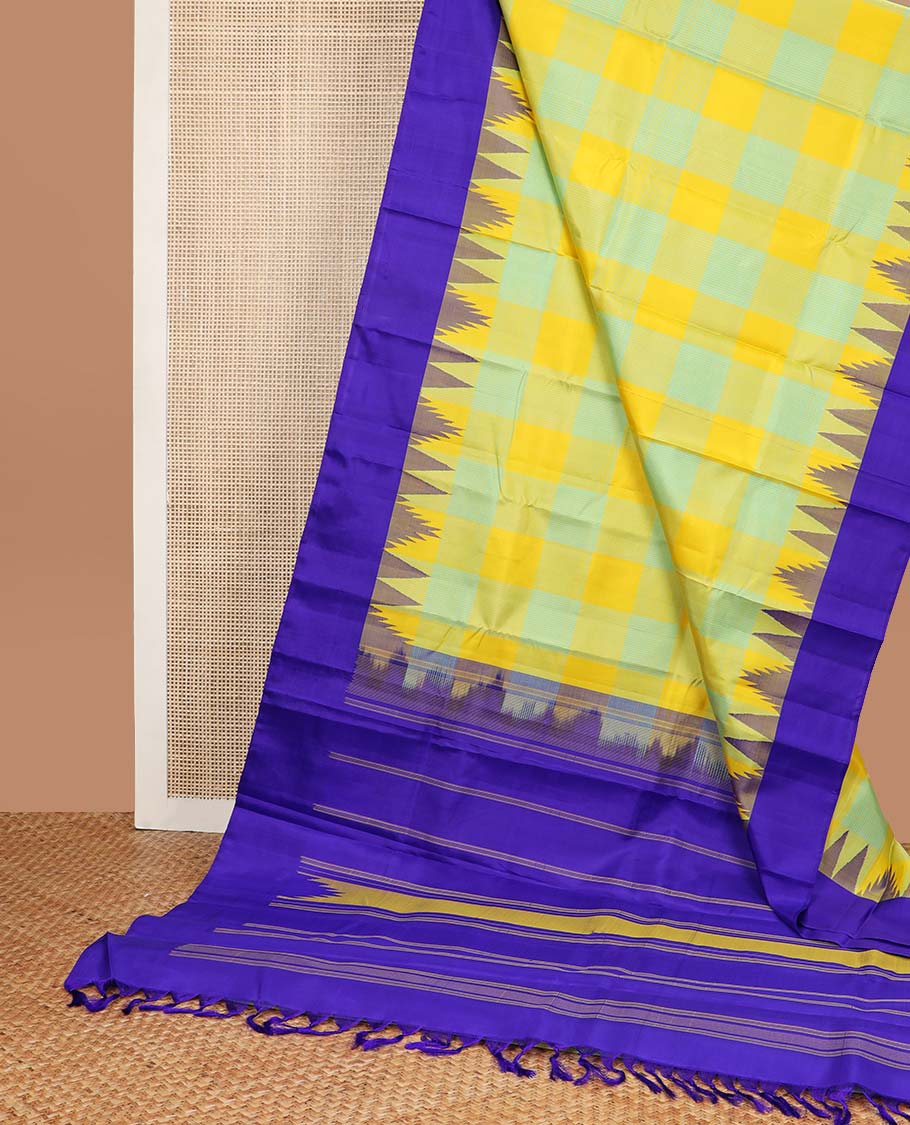 Multi-color checked kancheepuram silk saree with contrast temple border & striped pallu