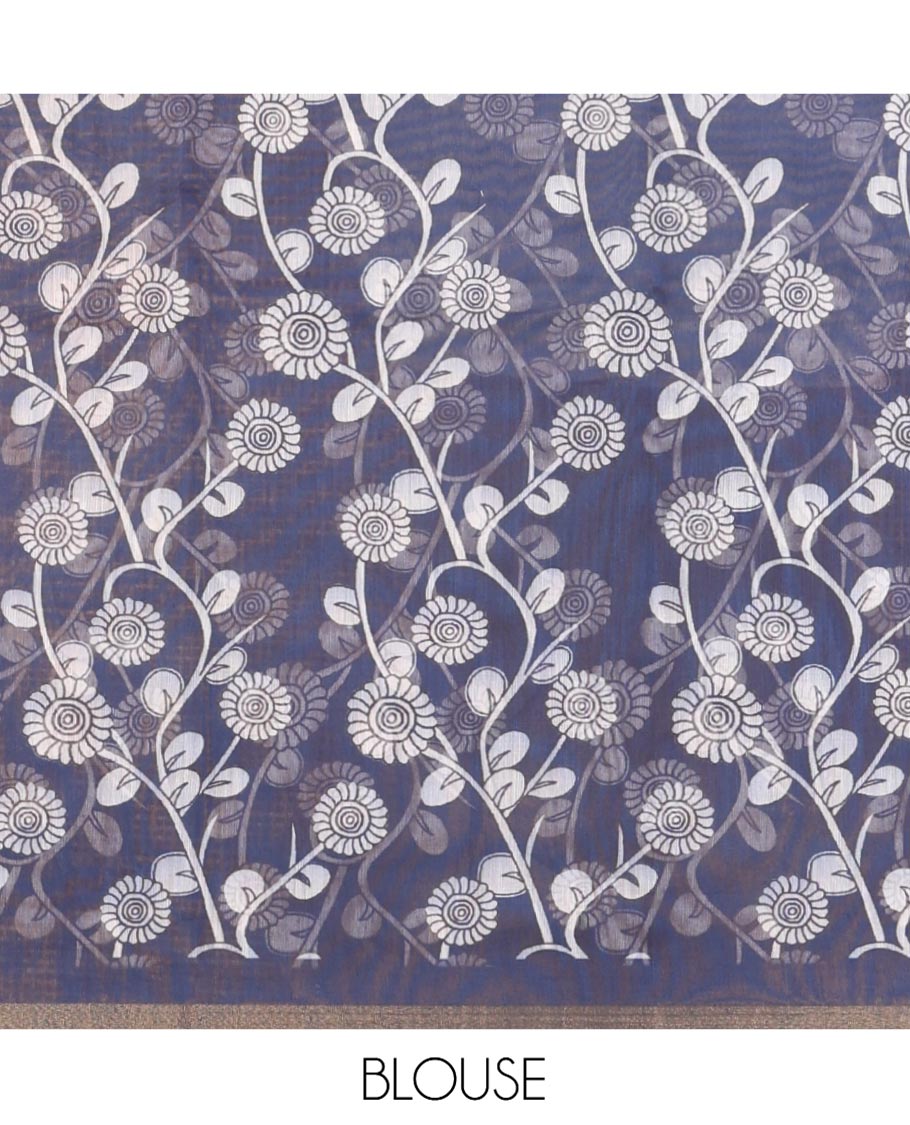 Navy Blue Chanderi Cotton Saree, Elevated with Kalamkari-Style Ancient Human Figurines Printed on Its Body, Subtle Zari Piping Border, Pallu Depicting Kalamkari Peacocks, and Paired with a Matching Blouse