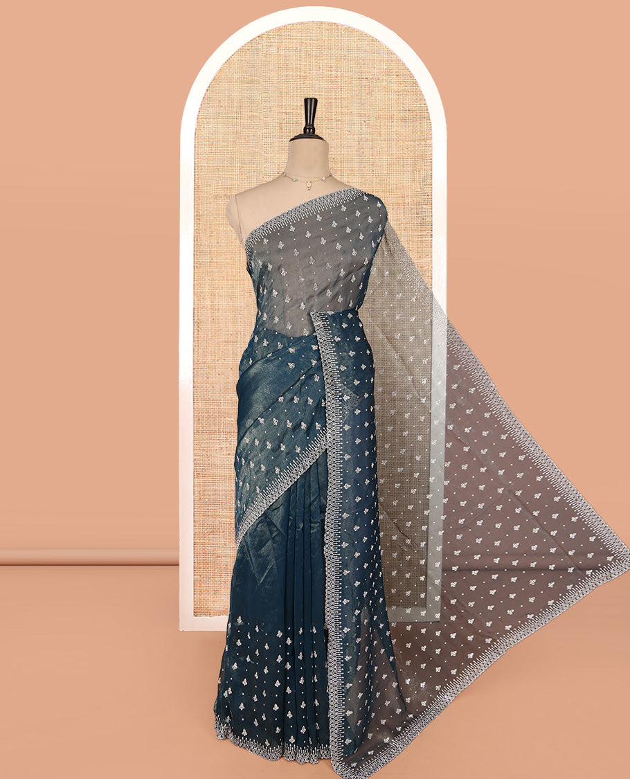 Blue Designer Saree, Beautified with Stonework Buttas, a Scallop Stonework Border, and Matching Blouse