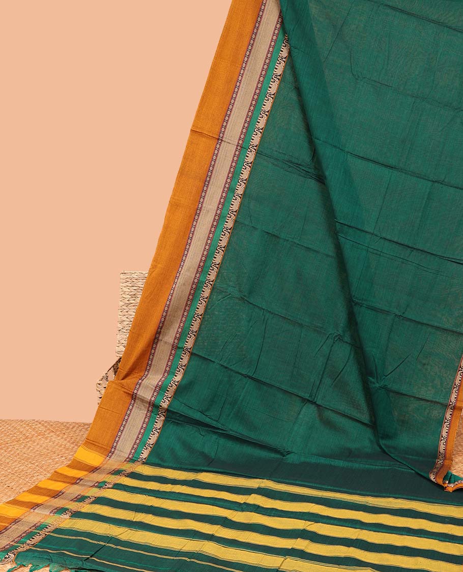 Green plain Narayanapet cotton saree, contrast traditional design border & striped pallu