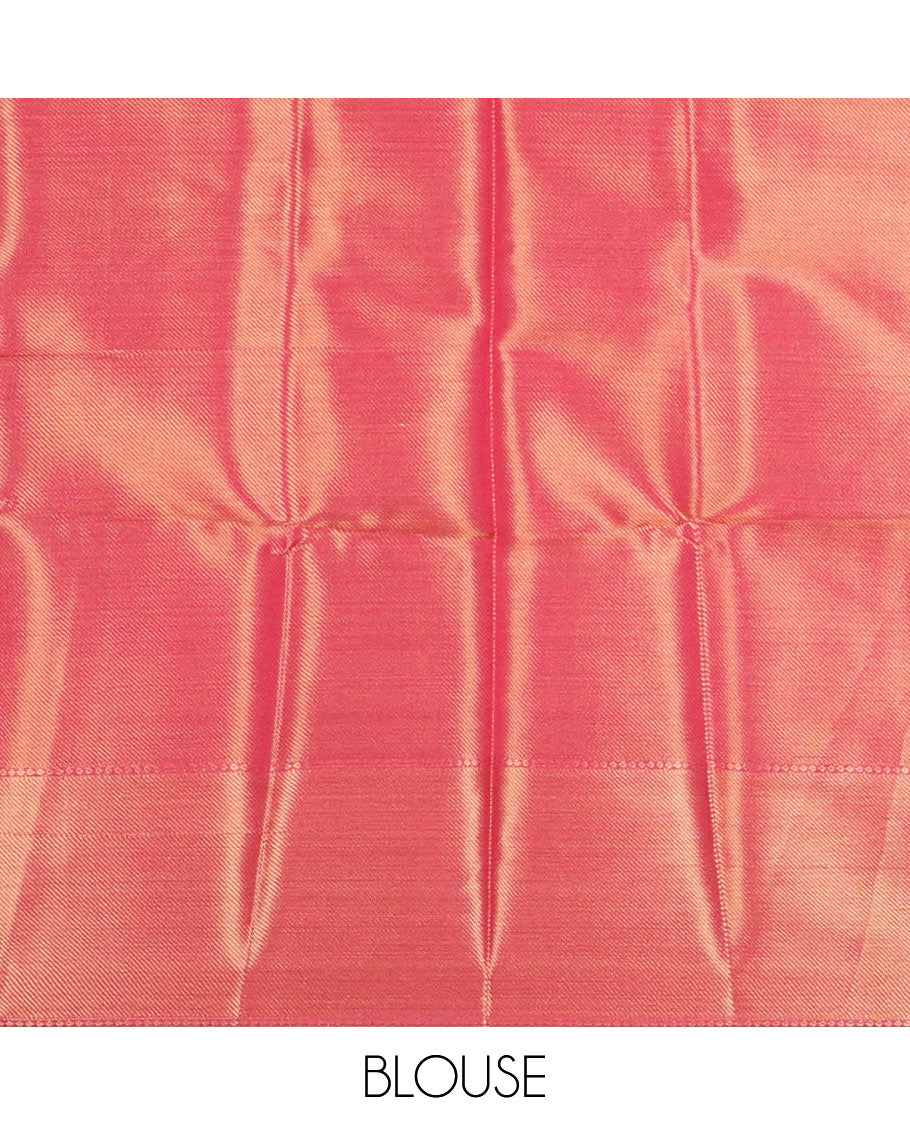 Pink intricately screen-printed banaras tissue saree, zari bavanji border, brocade weave pallu & contrast brocade blouse
