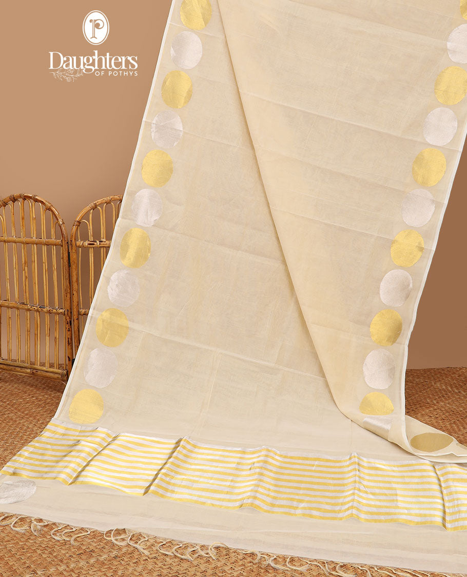 Cream kasavu saree with self geometric design border & struiped pallu
