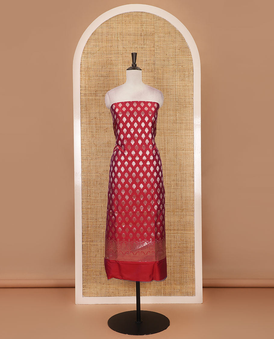 Maroon banarasi material chudidar set, zari buttas woven top, plain bottom, and floral jaal taffeta silk dupatta