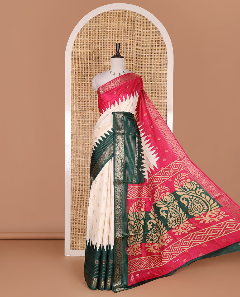Cream zari buttas dola silk saree, contrast pink-green temple ganga jamuna traditional zari border, paisley pallu, and contrast zari design blouse