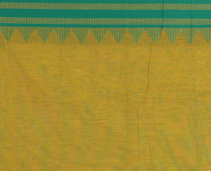 Mehendi green thread buttas Chettinad cotton saree, contrast temple striped thread border, striped pallu & plain blouse