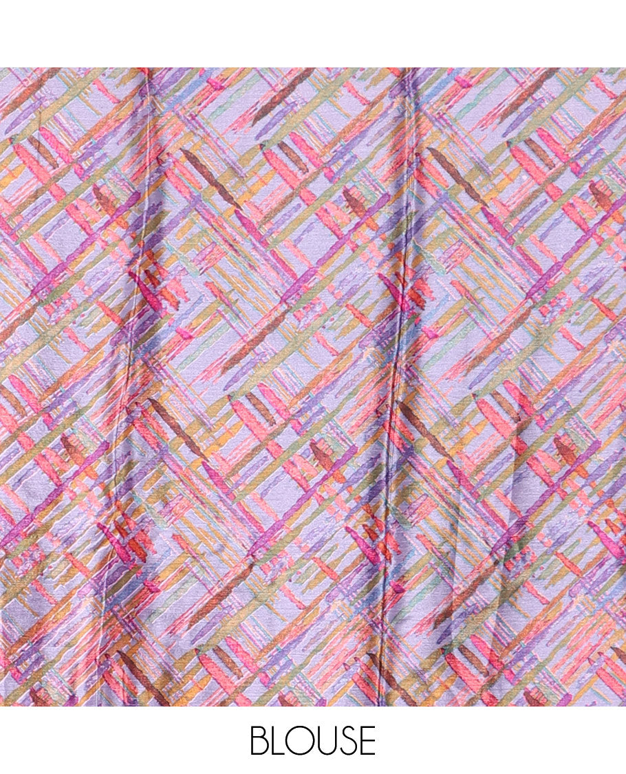 Pink abstract style geometric printed Turkey crepe saree, contrast border, and pallu of abstract textured print