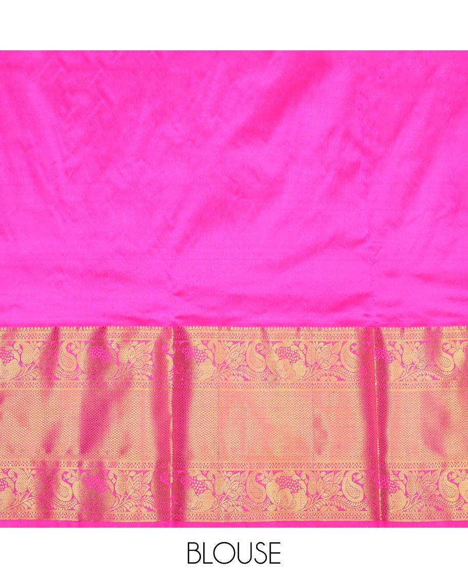 Pink buttas silk half saree with contrast border of banaras, manga design,zari design blouse & zari design border dhavani