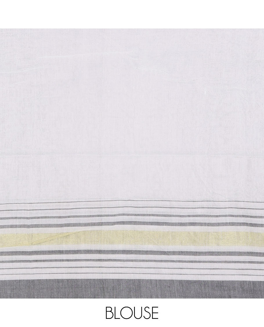 Cream-grey plain design mul mul cotton saree, contrast gold zari horizontally striped border, plain pallu, and plain blouse