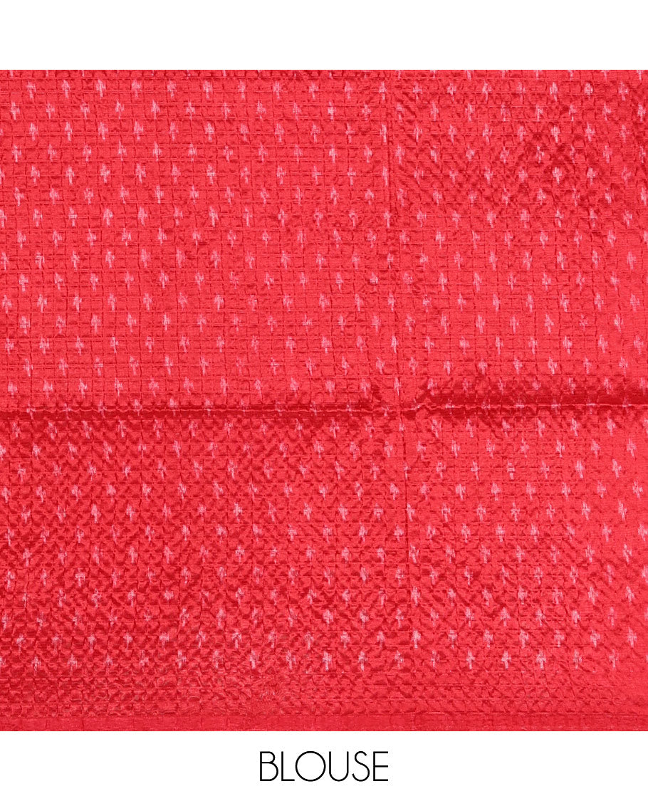 Borderless white 3-layer ikkat chevron printed litchi crushed saree, ikkat printed pallu & small butta printed red blouse