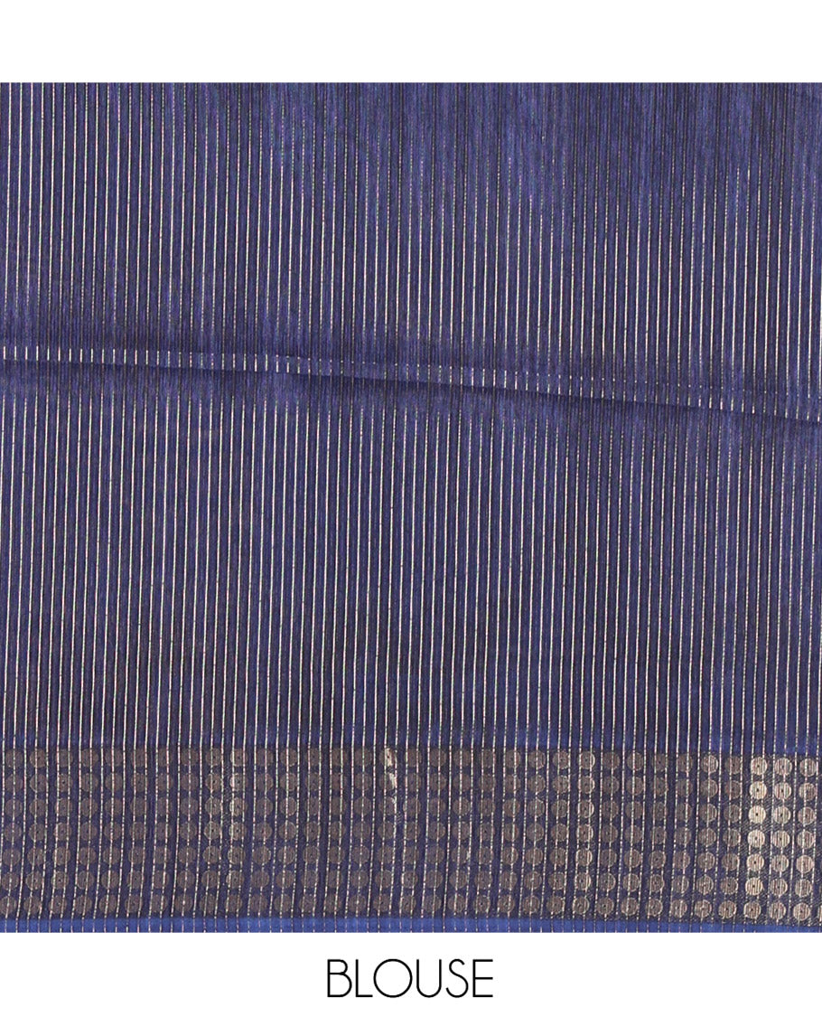 Navy Blue Fancy Tussar Saree, Polka Dotted Zari Border, Grand Pallu, a Floral Printed Blouse, Matching Blouse