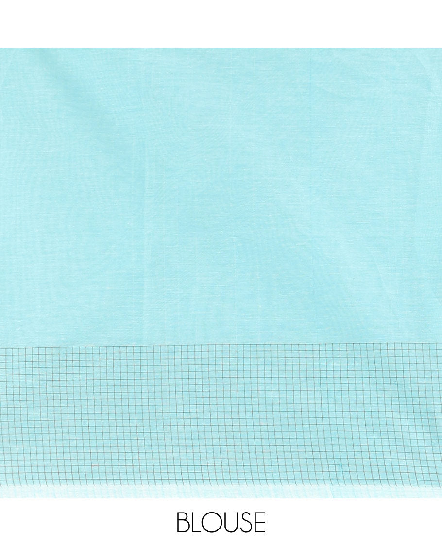 Light blue floral motifs coimbatore cotton saree with self checked, floral design border & floral design pallu