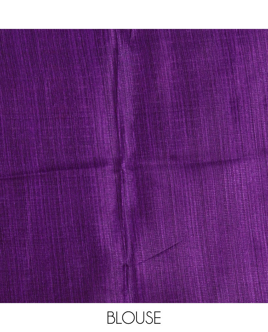 Violet sunflower motifs printed Khadi cotton saree, contrast plain border, patola geometric printed pallu & contrast blouse