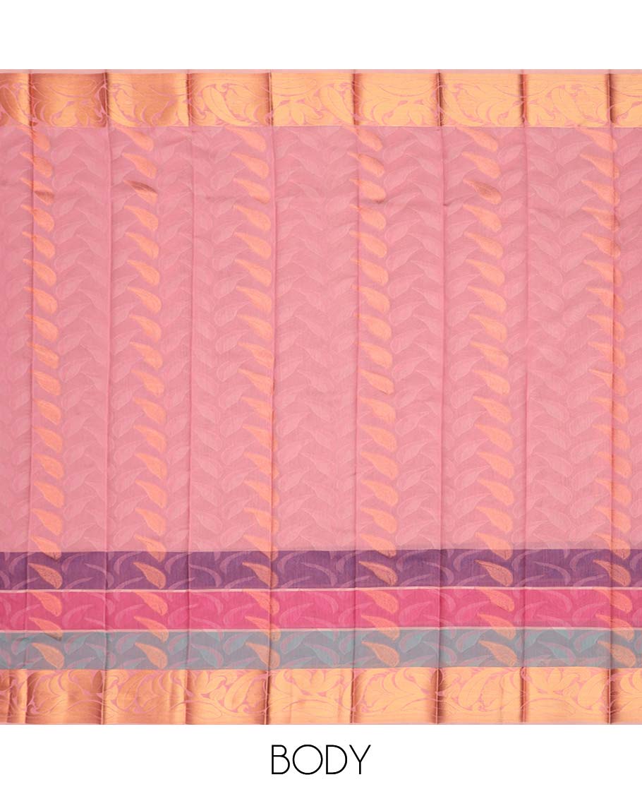 Light pink leaf design kora cotton saree contrast floral vine design border & ogee zari design pallu