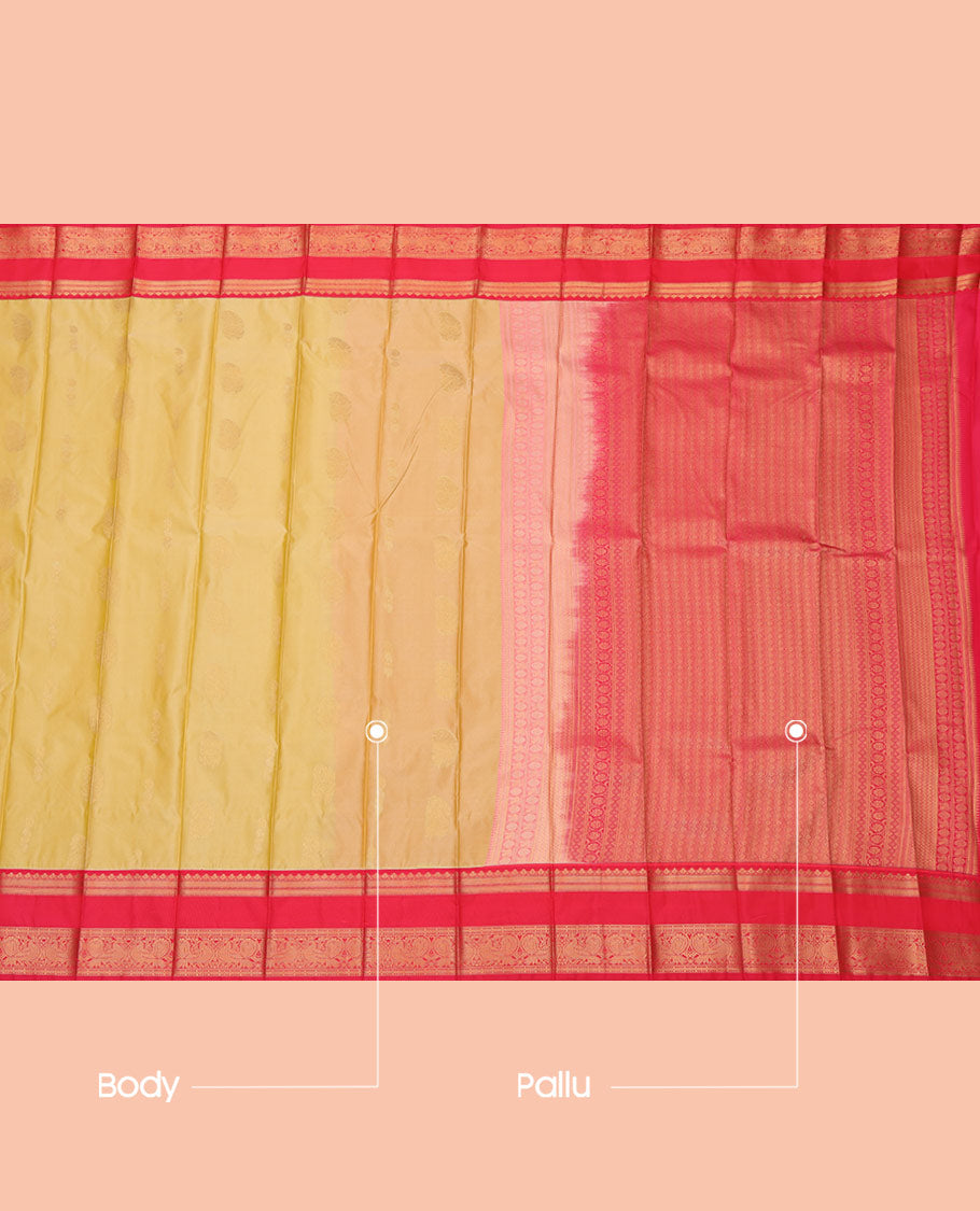 Yellow Budget Silk Saree, Enriched with Zari Buttas, a Contrast Traditional Zari Rettai Pettu Border, Grand Pallu, and a Contrast Blouse