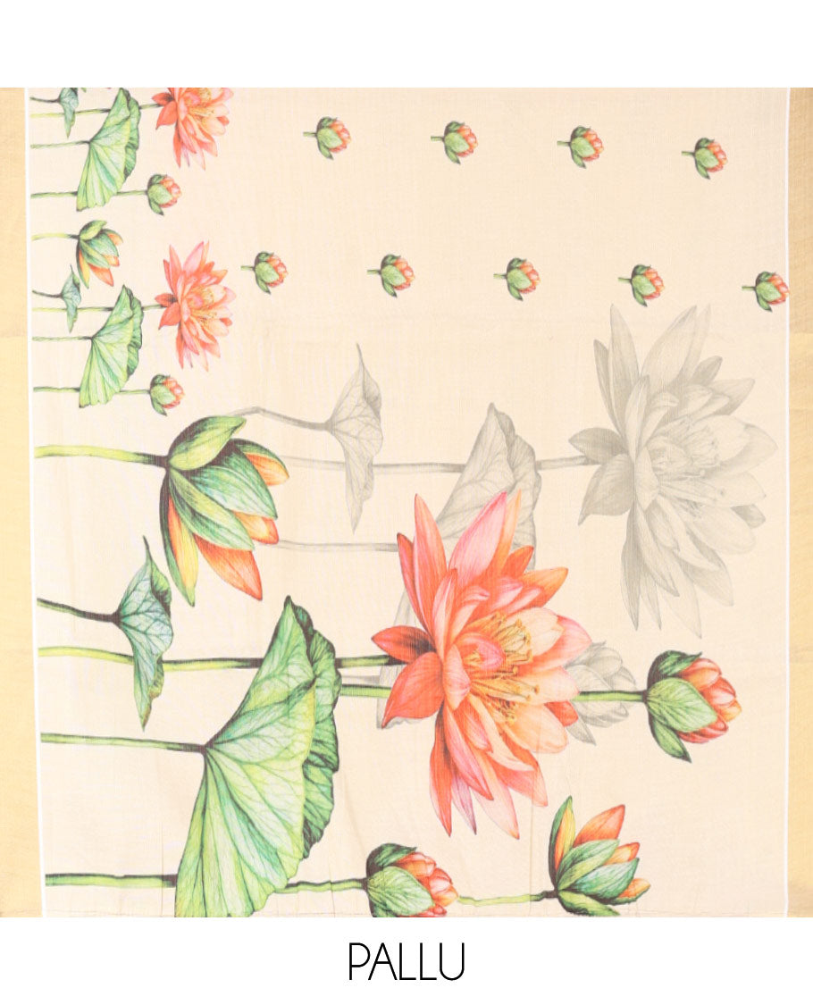 Cream Kerala Cotton Saree, Adorned with Pichwai Lotus Print, a Zari Border, Pichwai Lotus-Printed Pallu, and a Matching Blouse