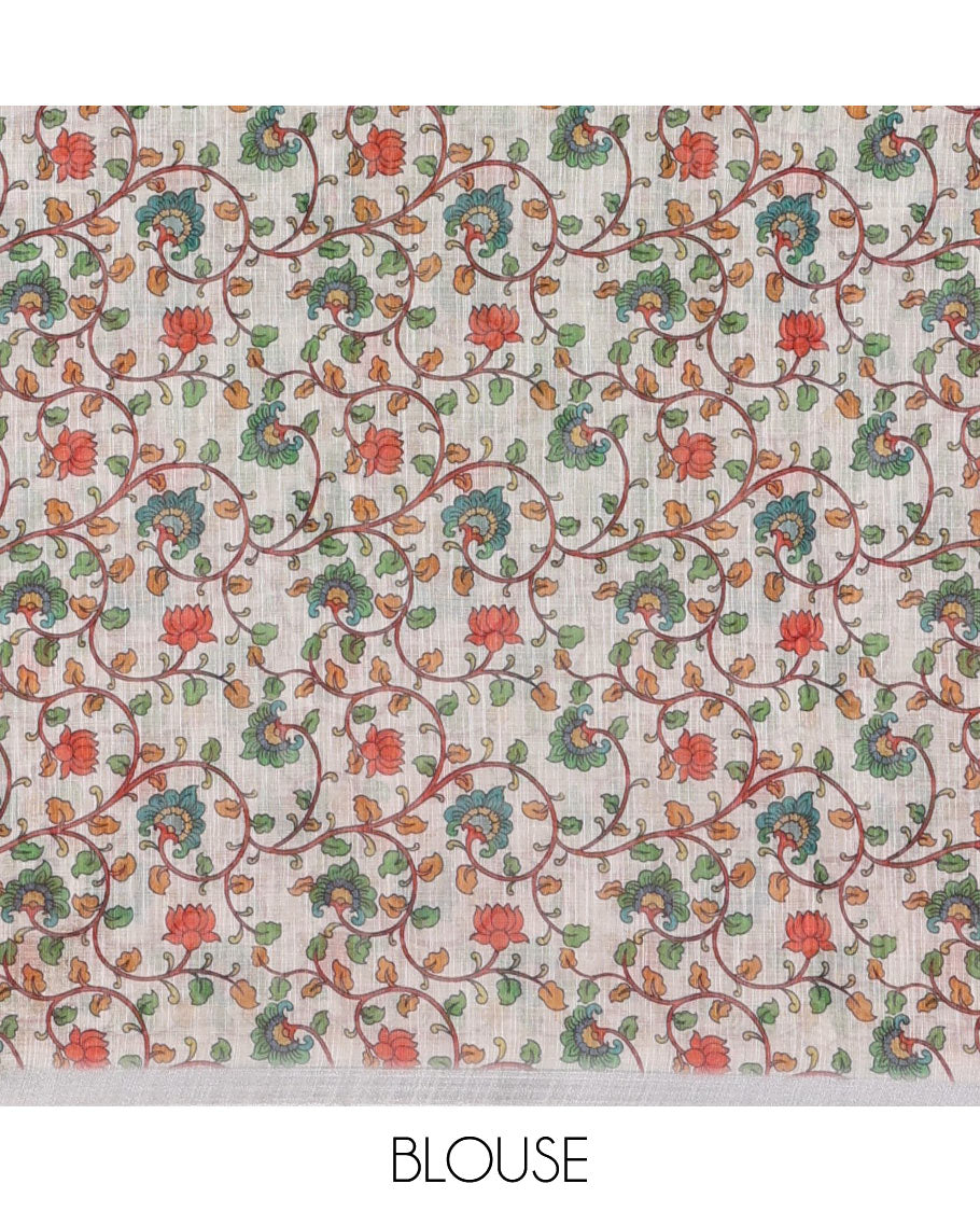 Cream mirror thread embroidered linen saree, contrast kalamkari peacock printed border, pallu of kalamkari peacock and human figurines print, and printed blouse