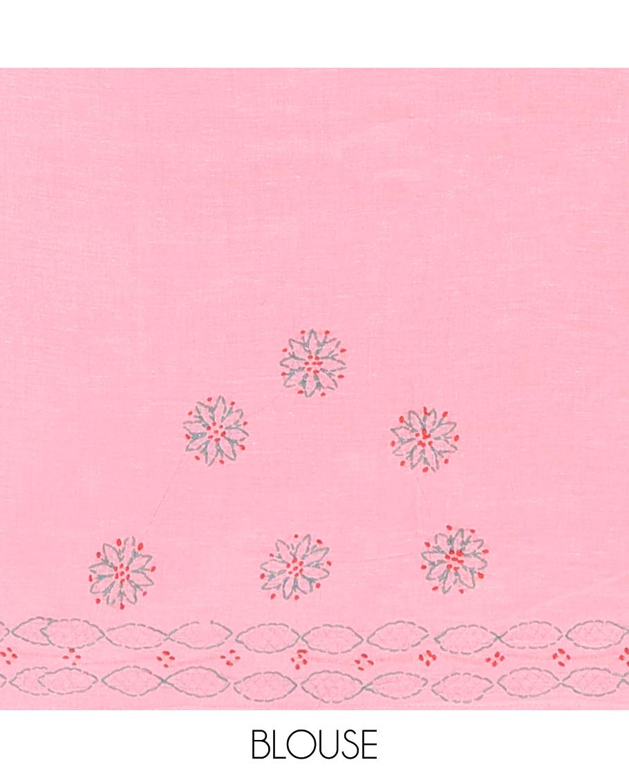 Pink floral embroidery lucknowi chikankari cotton saree, self border & checked enclosed with floral & paisley embroidery