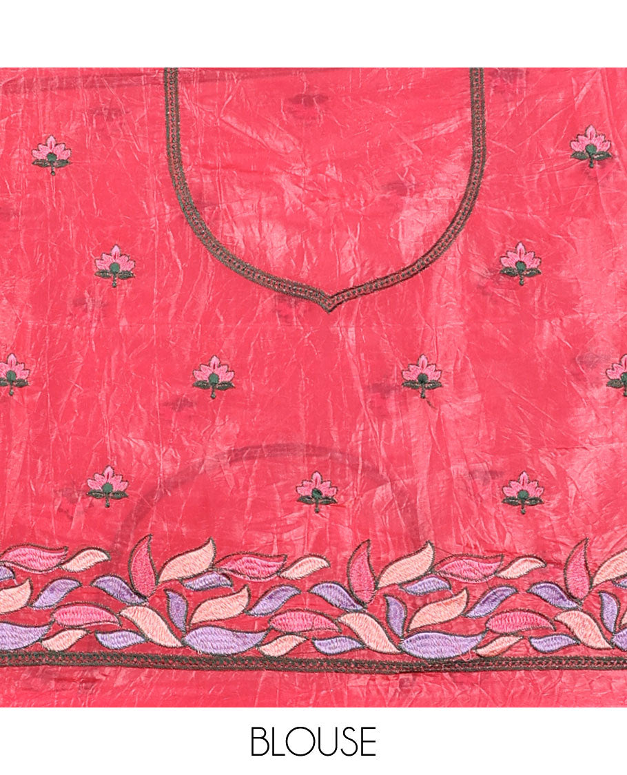 Pink floral embroidery half saree with self-border , embroidery blouse & floral design scallop border
