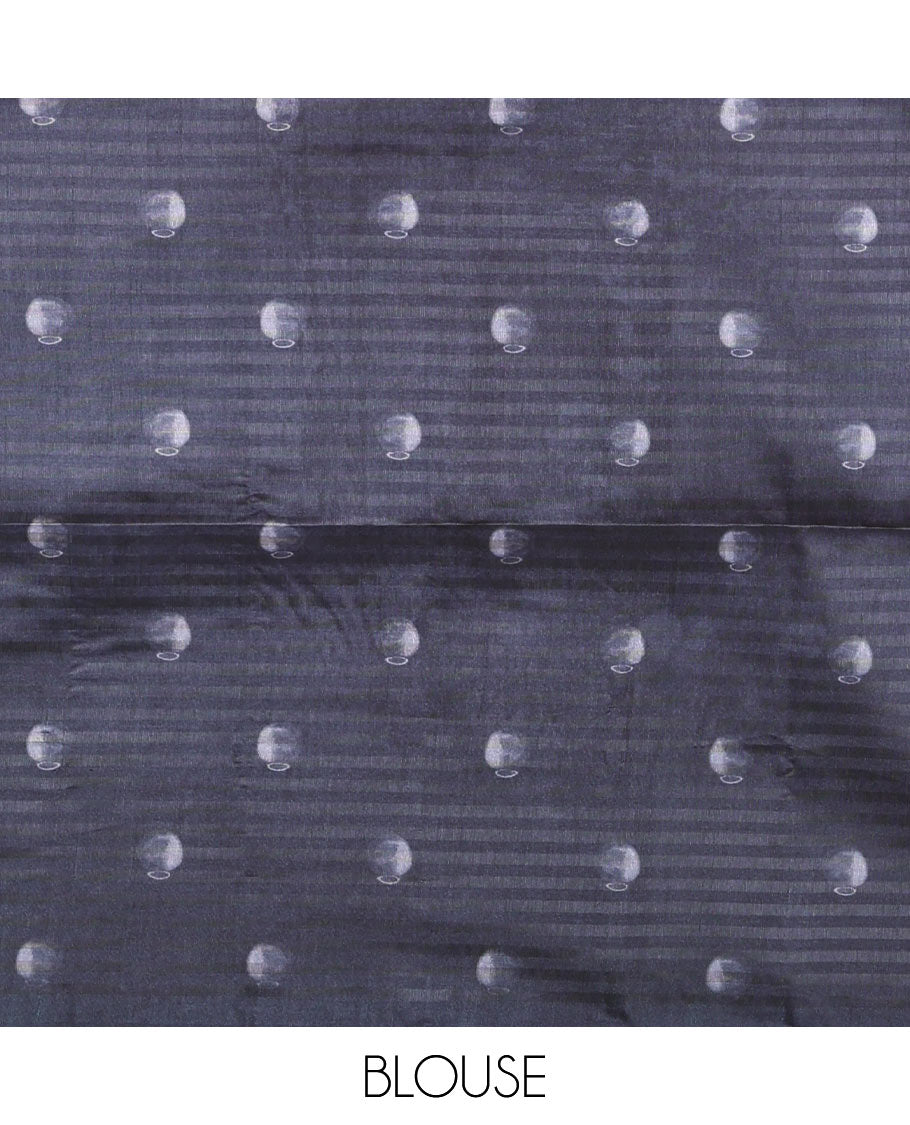Borderless navy blue checked & clay pot motifs printed fancy tussar saree, contrast women with a pot printed pallu & pot printed blouse