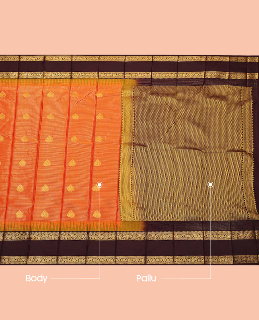 Orange Budget Silk Saree, Gleamed Up with Zari Buttas, Complemented by Contrast Traditional Zari Rettai Pettu Temple Border, Grand Pallu and a Contrast Blouse