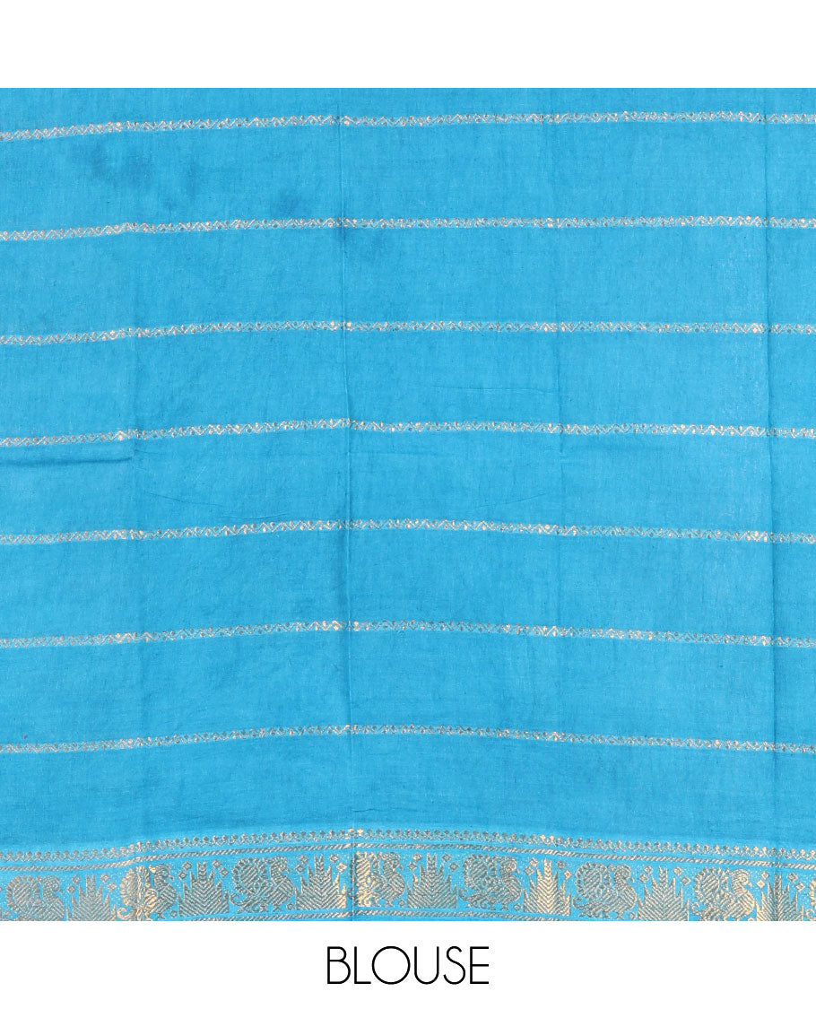 Navy blue and sky blue zari checked Sungudi cotton saree, contrast peacock motifs zari border, checked pallu, and contrast checked blouse