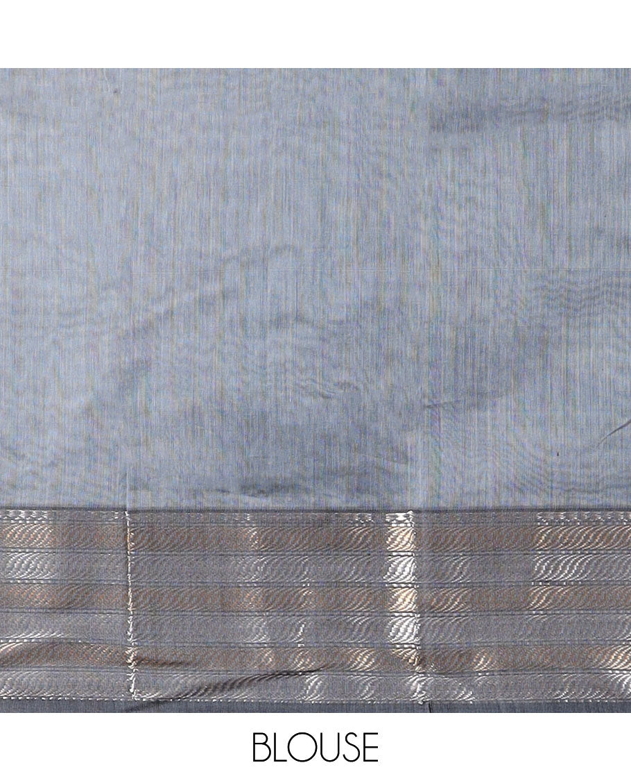 Grey striped maheshwari cotton saree with contrast zari design border & striped, floral design pallu