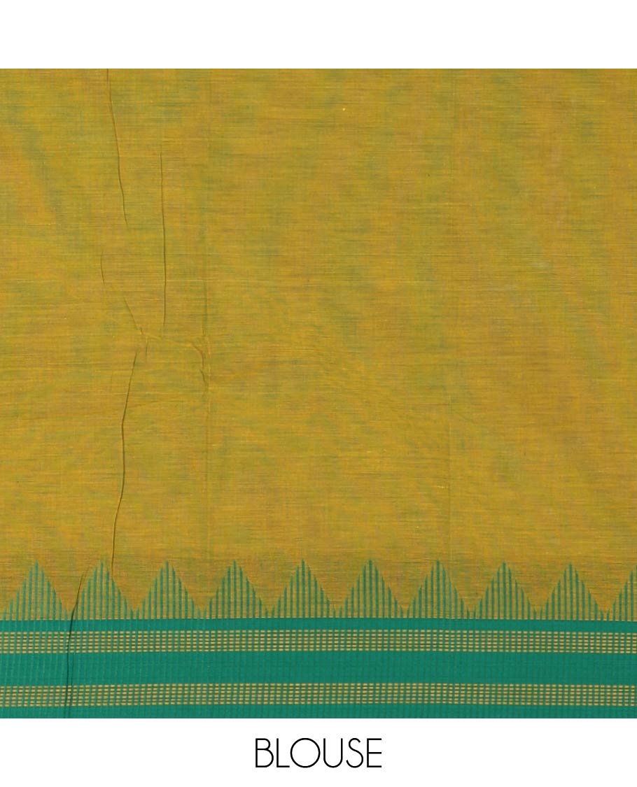 Mehendi green thread buttas Chettinad cotton saree, contrast temple striped thread border, striped pallu & plain blouse