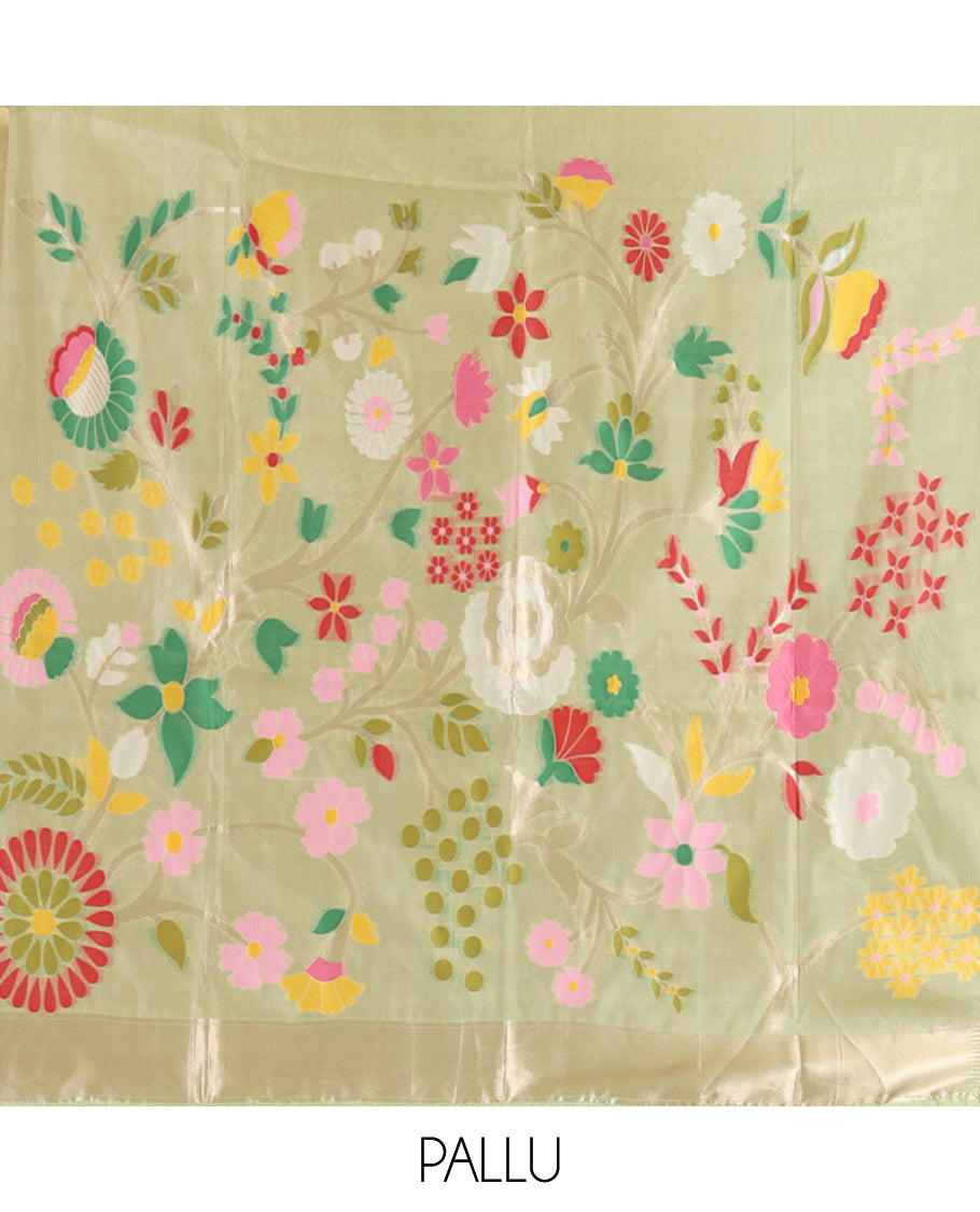 Elachi Green Buttas Fancy Organza Silk Saree, a Zari Border, Paithani Floral Pallu, a Matching Blouse