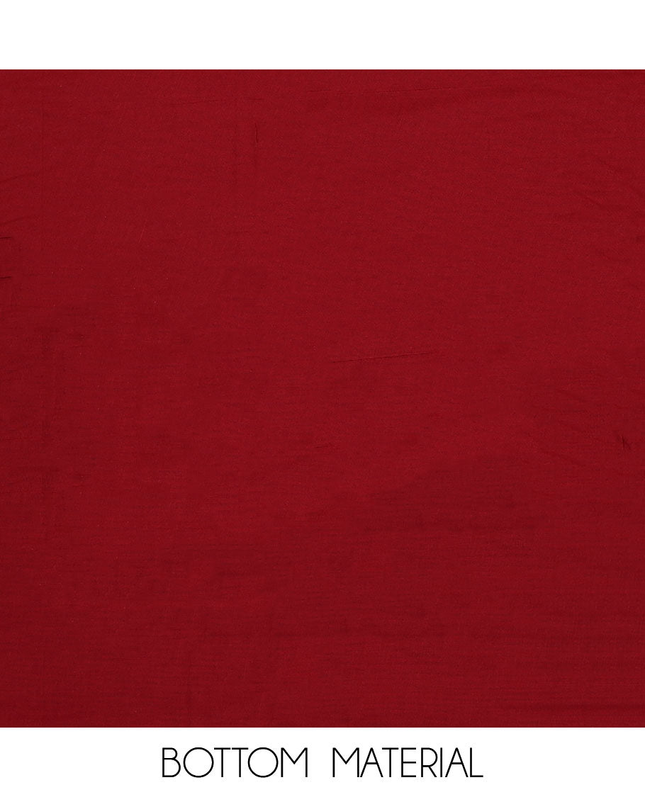 Red chudidhar material set, floral motifs top, plain bottom & striped, floral motifs dupatta