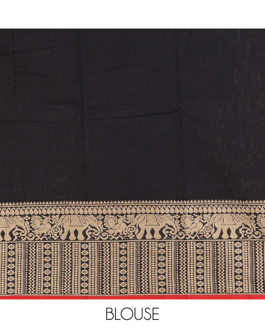 Black plain mercerised cotton saree, contrast traditional motifs thread woven border, striped pallu, and a matching blouse