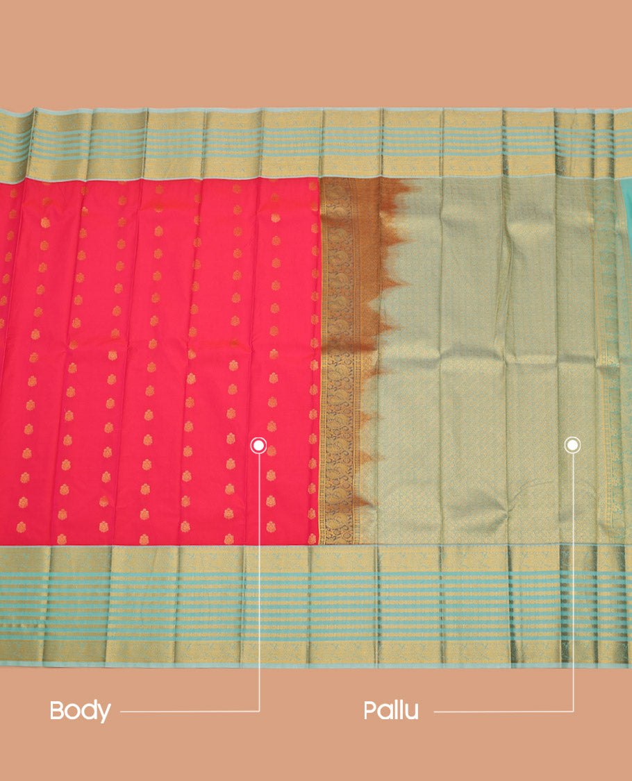 Pink Budget Silk Saree, Artfully Detailed with Zari Buttas All Over Its Body, Complemented by a Contrast Traditional Zari Border of Peacock Designs, Opulently Embellished Pallu of Jaal Designs, and Paired with a Contrast Blouse