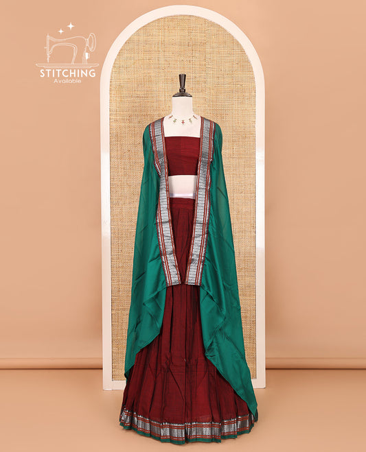 Maroon mercerized cotton half-saree, plain & contrast traditional temple border skirt, matching blouse & contrast temple zari border vichitra silk dhavani