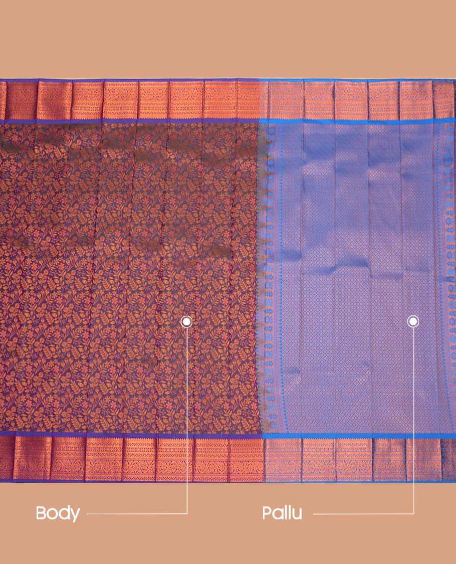 Purple Budget Silk Saree,Highlighted by Floral Vine Design, Complemented by Contrast Traditional Zari Border, a Jaal Pallu and a Contrast Blouse
