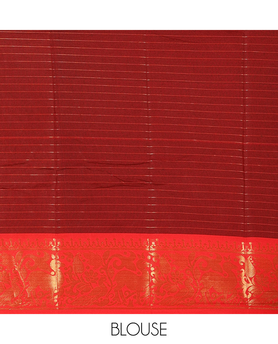 Navy blue zari checked semi-taffeta silk saree, contrast deer motifs zari woven temple border, striped pallu & contrast striped zari border blouse