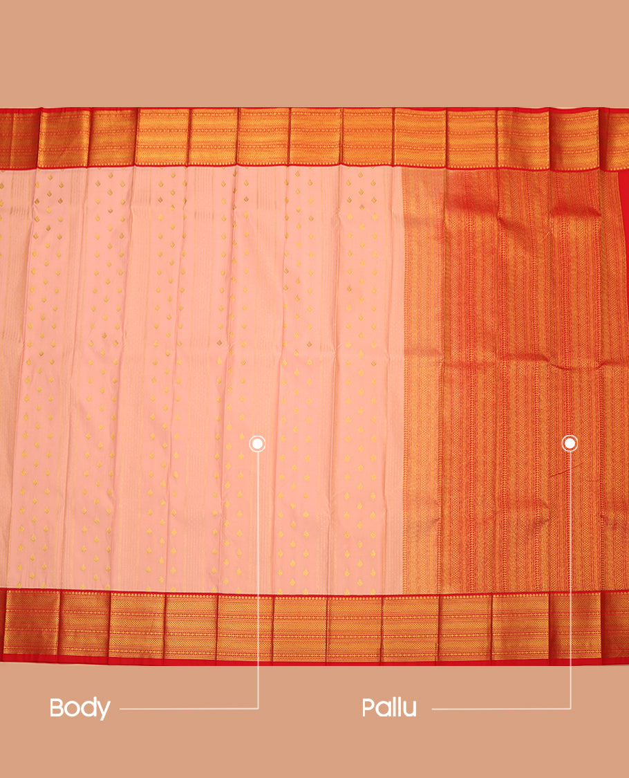 Peach Budget Silk Saree, Adorned with Zari Buttas and Stripes, Complemented by a Contrast Traditional Zari Border, Grand Pallu, and Contrast Blouse