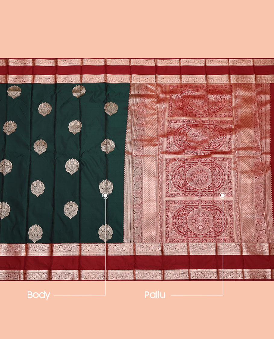Green Budget Silk Saree, Detailed with Zari Buttas, Complemented by a Contrast Traditional Zari Rettai Pettu Border, Grand Pallu, and a Contrast Blouse