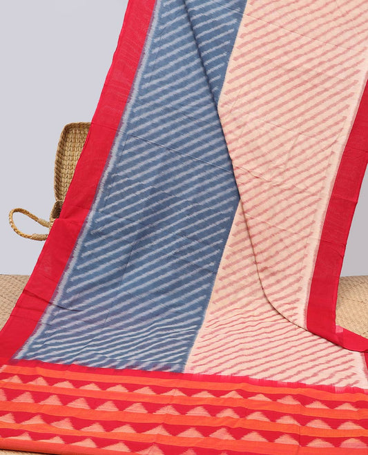 multi Colour and blue striped design ikkat cotton saree with contrast plain border & geometric design pallu