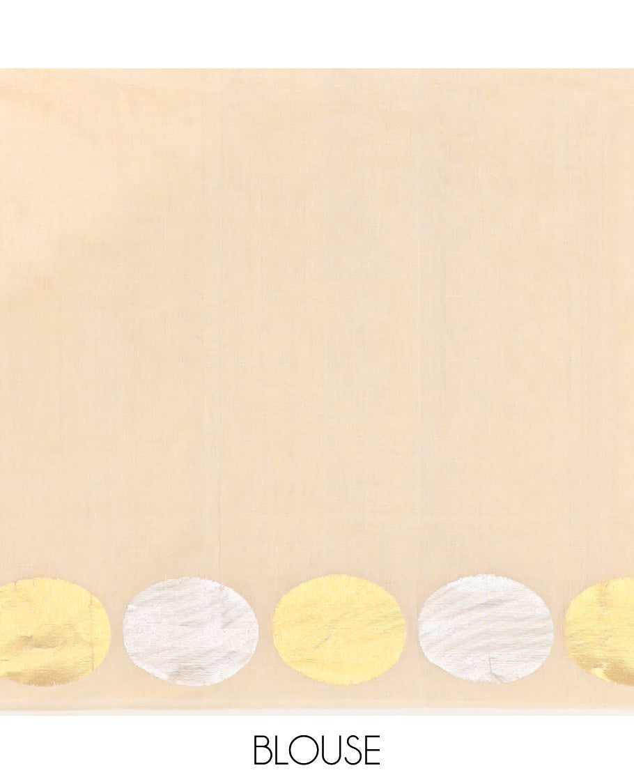 Cream kasavu saree with self geometric design border & struiped pallu