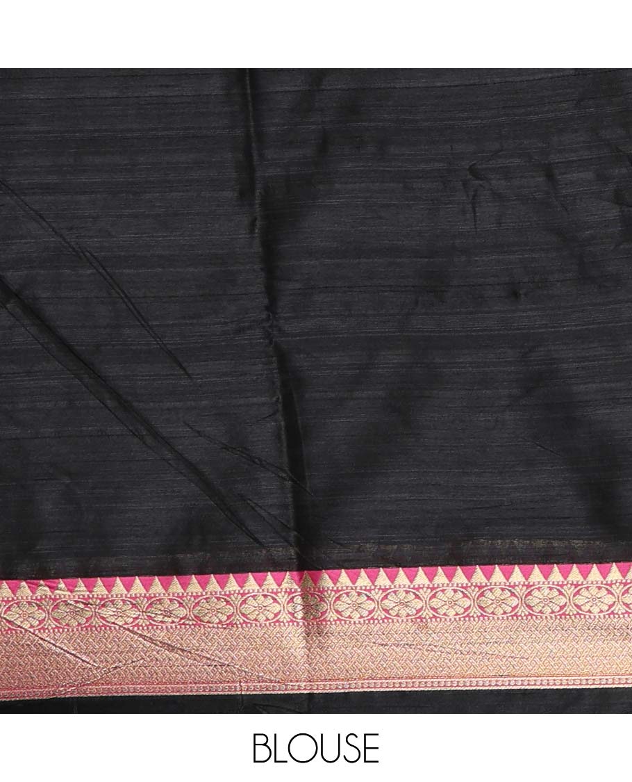 Black buttas banarasi jute saree, contrast traditional zari ganga-jamuna-style satin thread border, intricate pallu & plain blue blouse