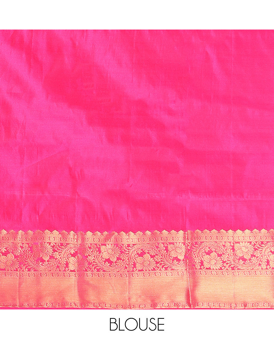 Pink Budget Silk Saree Enthralled with Zari Buttas All Over Its Body, Highlighted by a Zari Traditional Border of Floral Creeper Designs, Grand Pallu of Scallop Designs, and Paired with a Matching Blouse