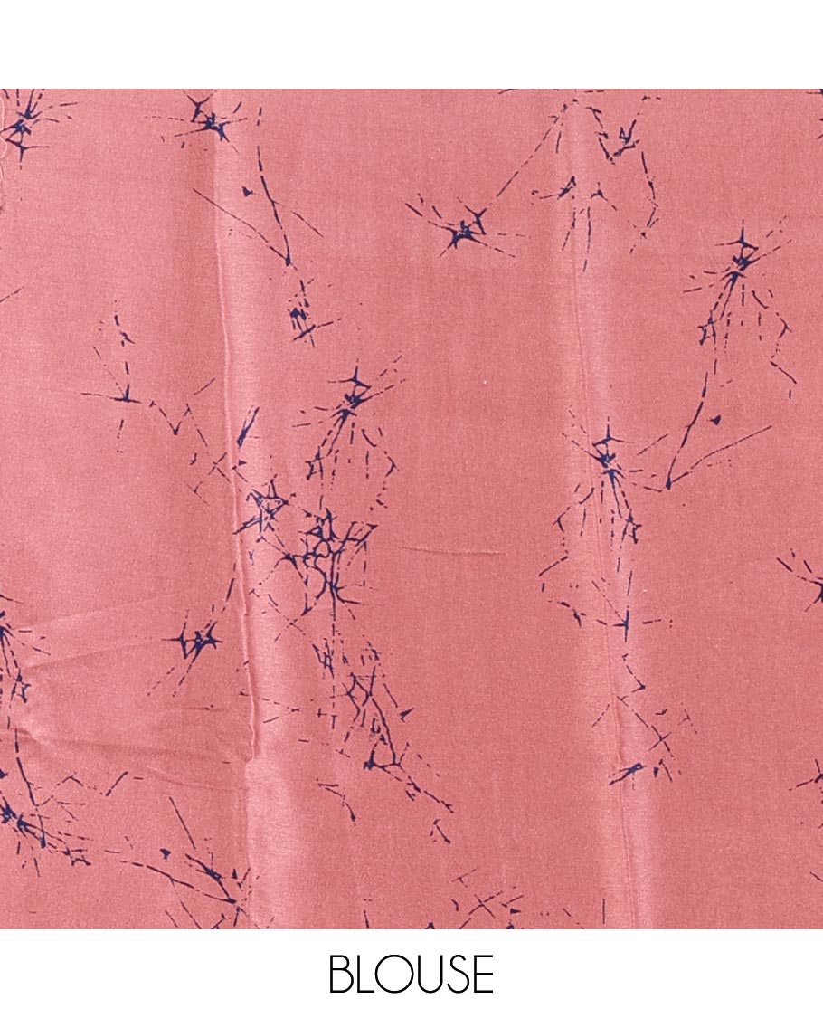 Borderless onion pink batik-style spiral printed satin crepe saree, printed pallu & matching printed blouse