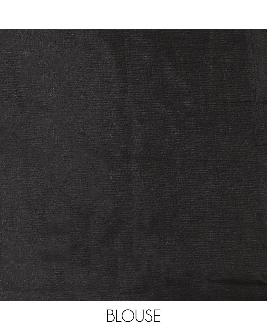 Black-base plain body khadi cotton saree with batik-style blue-color floral & dots printed on its border & pallu, plain black blouse