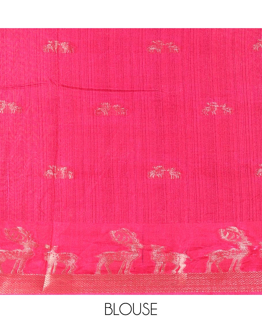 Royal blue deer copper zari buttas dola silk saree, contrast chevron and deer motifs zari border, deer motifs pallu, and contrast deer motifs blouse