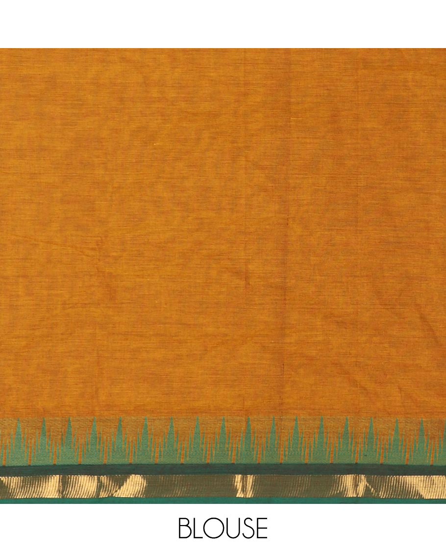 Mustard plain Chettinad cotton saree, contrast ganga jamuna temple zari border, striped pallu, and plain blouse