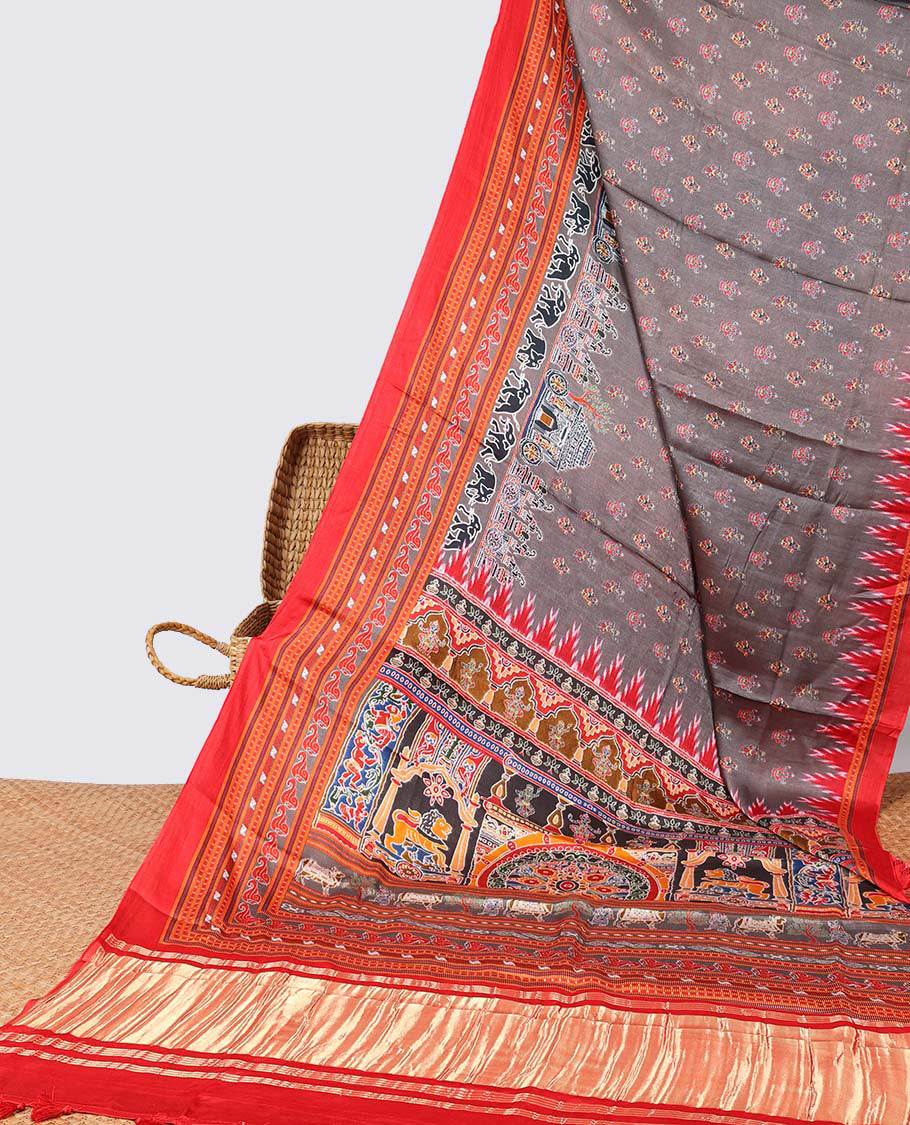 Grey motifs, wedding design semi-banaras printed saree with contrast border & intricate design pallu