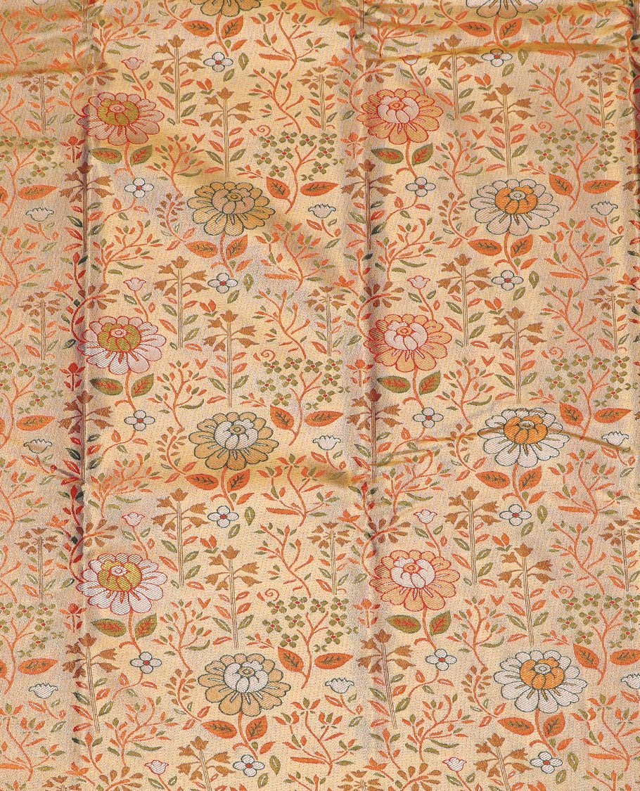 Sandal art silk pavadai material set, floral meenakari jacquard pavadai, contrast green blouse & traditional zari border